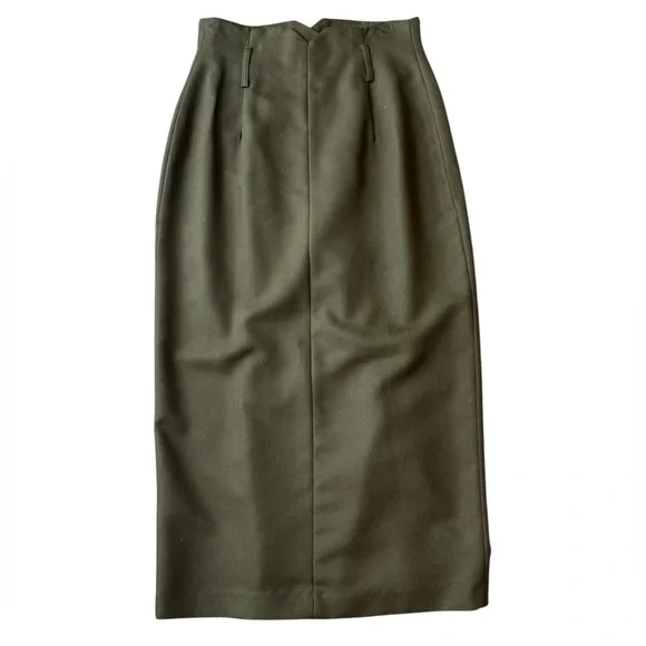 Vintage 90s Olive Green Button Front Midi Skirt High Waist Tailored Minimalist - Picture 10 of 15